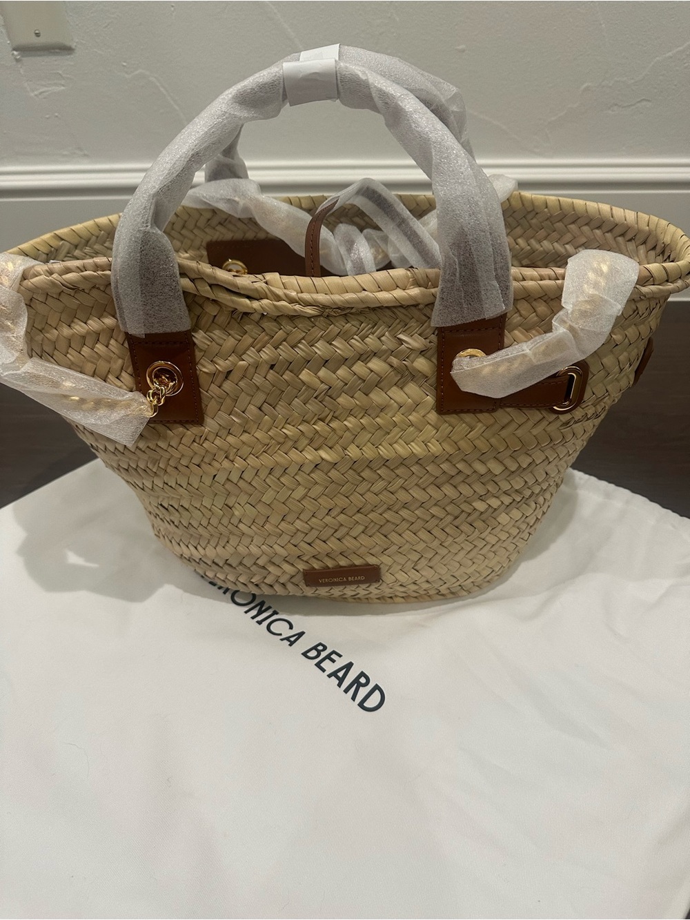 Veronica Beard Woven Straw Tote with Brown Leather Handles